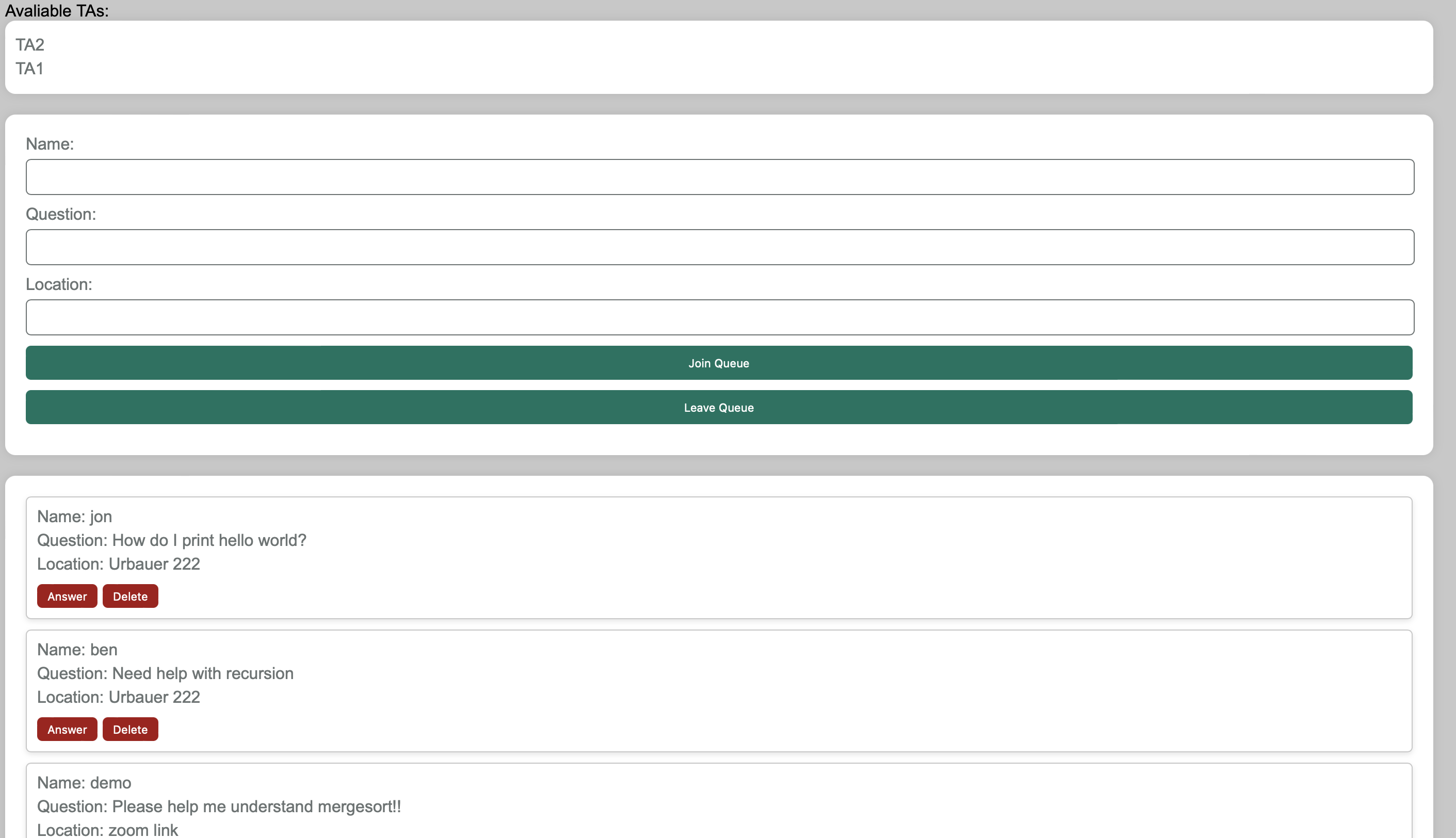 queue page TA view